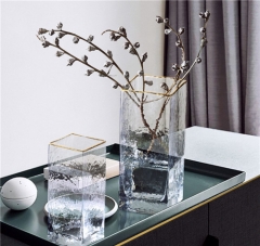 Gold Rim Square Cylinder Glass Vase For Home Hotel Decoration