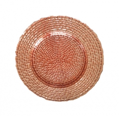 13" Round Glass Rose Gold Rattan Design Charger Plate