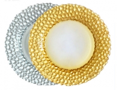 Wedding Clear Gold Glass Charger Plates With Silver Hammered Dot Rim