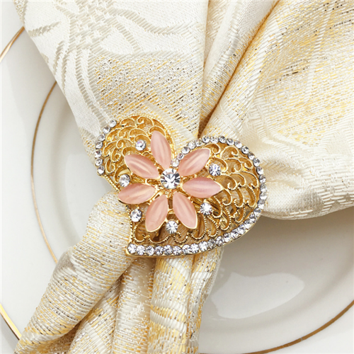 Wedding Hotel Fashion Diamond Plated Metal Pink Gold Flower Napkin Ring