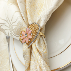 Wedding Hotel Fashion Diamond Plated Metal Pink Gold Flower Napkin Ring