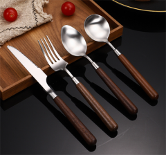 High Quality Wholesale China Factory Price Set of 4 Pieces Plated Silverware Cutlery Set Stainless Steel With Round Wood Handle Dinner Knife Fork Spoon