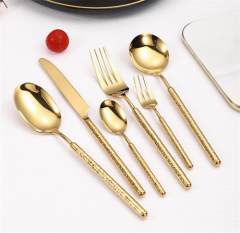 Set de cubertería dorada martillada y pulida, conjunto de cubertería pesada con cuchillo, cuchara y tenedor
