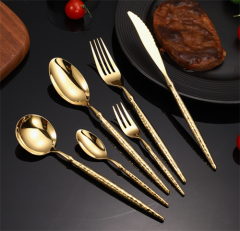 Set de cubertería de acero inoxidable de alta gama, conjuntos de cubertería, cuchillo, tenedor y cuchara de oro martillado retro