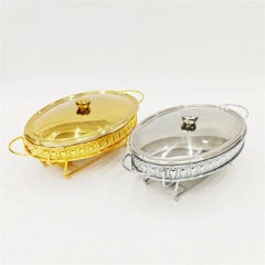Plato de servicio para bufet de hotel. Conjunto lujoso de calentador de alimentos calientes de 4L, color plateado/dorado. Chafing dish con tapa de acero inoxidable