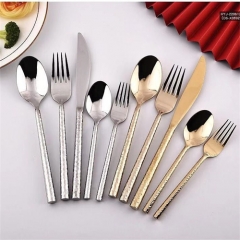 Set de cubertería de acero inoxidable 18/0, estilo barroco, con 5 piezas (cuchillo, tenedor, cuchara), resistente, para bodas, con mango martillado, cubertería