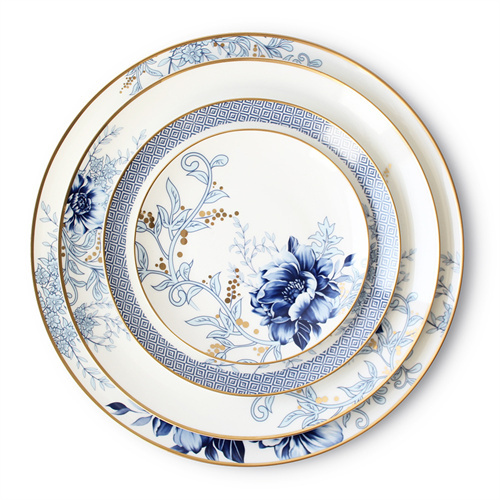 Hochwertige keramische Geschirrstücke mit individuellem Logo, blaue Blumen-Hochzeit-Chargerteller