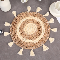 Tapis de paille classique tissé naturel, tasse et bol décoratifs pour table à manger de ferme, linge de maison en jute, tapis de table rond
