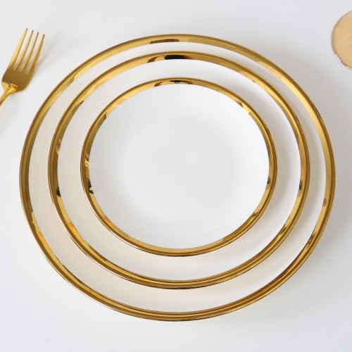 Set de Plats en Céramique pour le Dîner (Bol, Plats et Vaisselle) Or et Blanc, Vaisselle de Luxe à Bordure Dorée, Ustensiles de Cuisine, pour Restaurant, Grossiste Usine