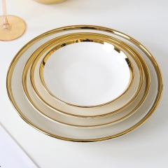 Set de Plats en Céramique pour le Dîner (Bol, Plats et Vaisselle) Or et Blanc, Vaisselle de Luxe à Bordure Dorée, Ustensiles de Cuisine, pour Restaurant, Grossiste Usine