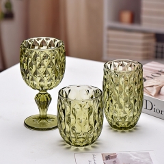 Factory Wholesale Green Bulbous European-Style Retro Embossed Wine Glasses, High-Stemmed Glasses with Primary Color Glass