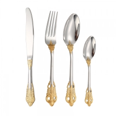 Großhandel 4-teilige Löffelsets als Geschenk für Hotels, Küchen, Restaurants. Besteck aus Edelstahl, Silberware, schwarze und goldene Besteckstücke