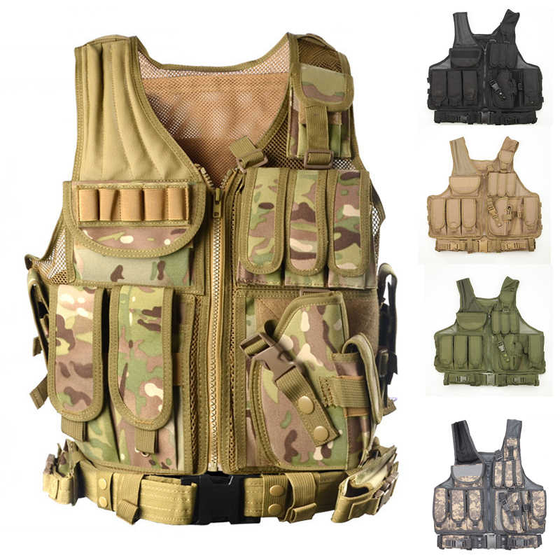 Military Tactical Vest with Gun Holster MOLLE Airsoft Combat Tactical ...