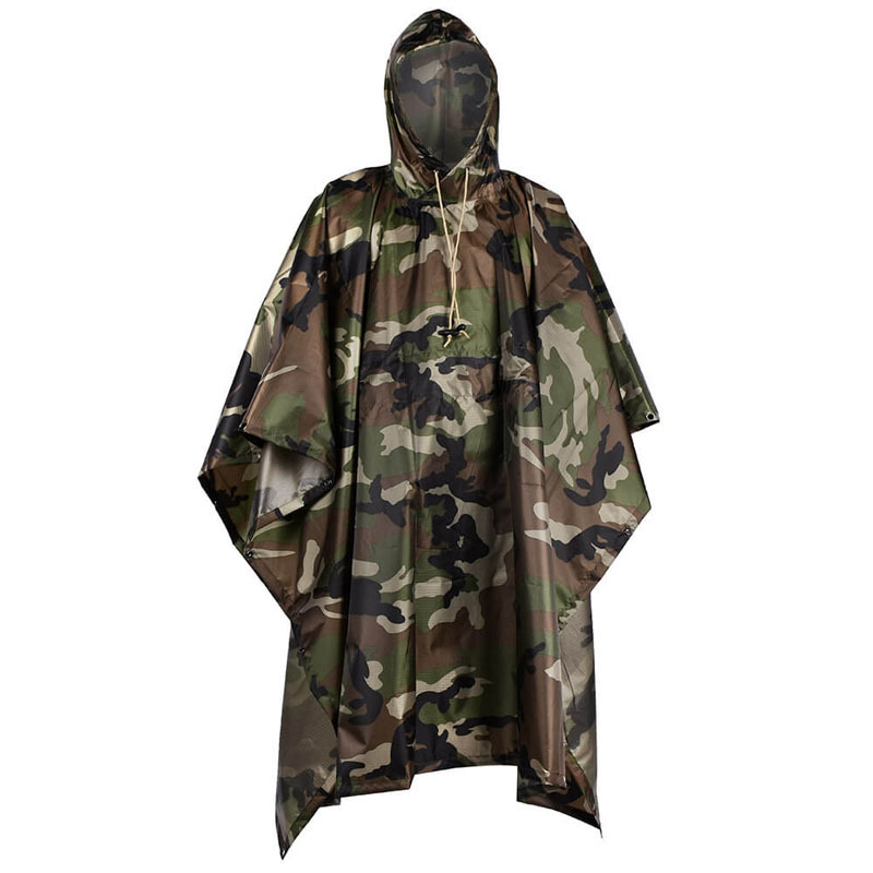 wholesale camo 210T pvc coating outdoor waterproof rain poncho hoodie Versatile tactical cloak