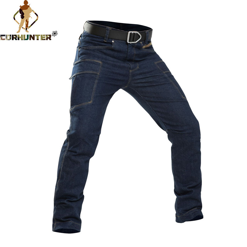 Men Combat Cargo Jeans Tactical Army Pants Men Casual Motorcycle Denim Biker Jeans Stretch Multi Pockets Pants