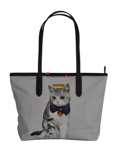 Borsa da donna all'ingrosso con stampa Digtal Borsa tote borsa gattino in cotone borsa in tela con manici in pelle Borse in tela di cotone 100% tote in tela riutilizzabile