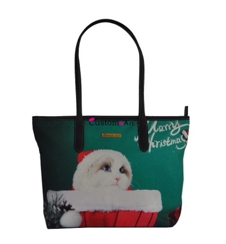 Borsa da donna all'ingrosso con armonia di stampa Digtal Babbo Natale caldo gattino assonnato Tote Bag borsa in cotone tote in tela con manici in pelle 100% borse in TELA DI COTONE