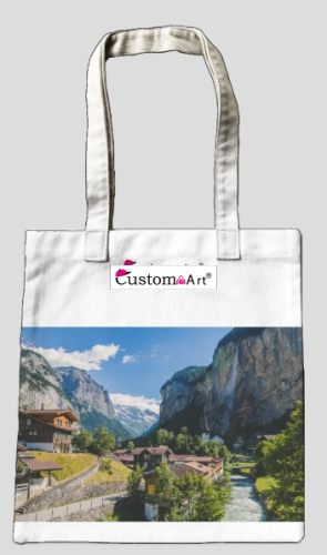 Borsa tote Convention Budget Borse tote piccole economiche con soffietto pieno Sacchetti regalo colorati per feste per bambini riutilizzabili Svizzera bei paesaggi, vegetazione, alberi fitti, montagne lontane e acque limpide, usanze rurali, capanne di cam