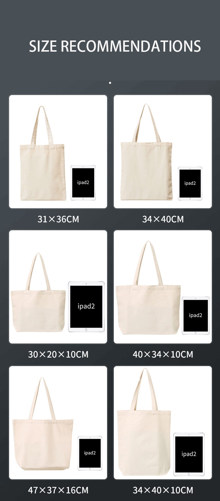 selezione delle dimensioni della borsa della spesa in tela riutilizzabile
