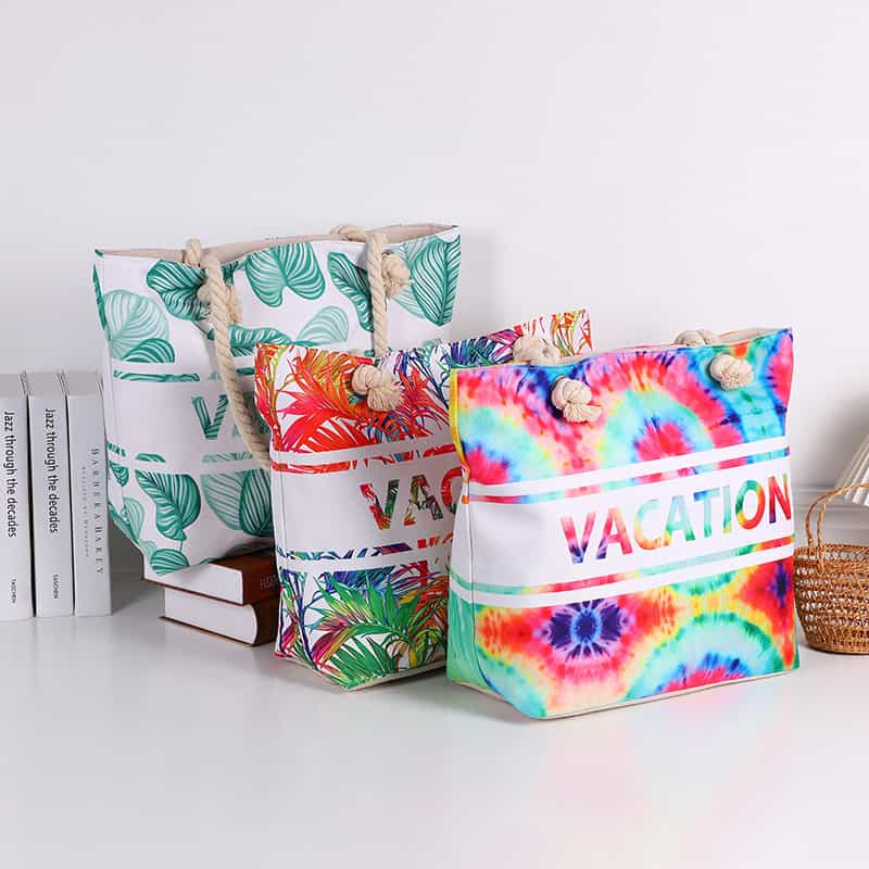Set tre pezzi di borsa da spiaggia in tela di cotone con stampa digitale