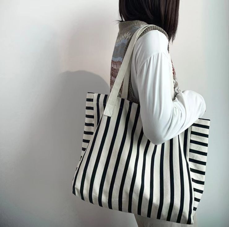 Women's striped printed cotton shopping bag