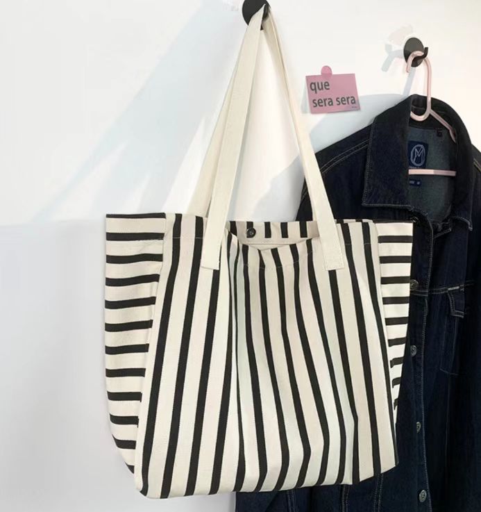 Black and white striped large printed cotton shopping bag