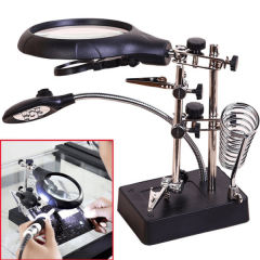 3 Hand Soldering Iron Stand Welding Tool With Magnifying Glass Illuminated LED Alligator Clip Holder Clamp Helping Repair