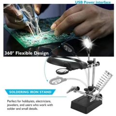 3 Hand Soldering Iron Stand Welding Tool With Magnifying Glass Illuminated LED Alligator Clip Holder Clamp Helping Repair