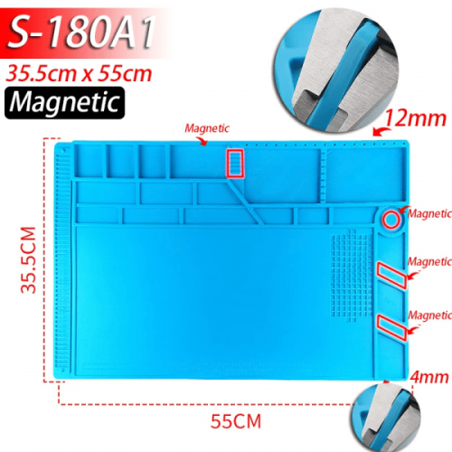 S180A1 55x35.5cm Magnetic Silicone Soldering Mat Anti-Static ESD Heat Resistant Mat 500℃ Magnetic Electronics Repair Mat For Phone Laptop Watch Repair Magnetic Screw Pad