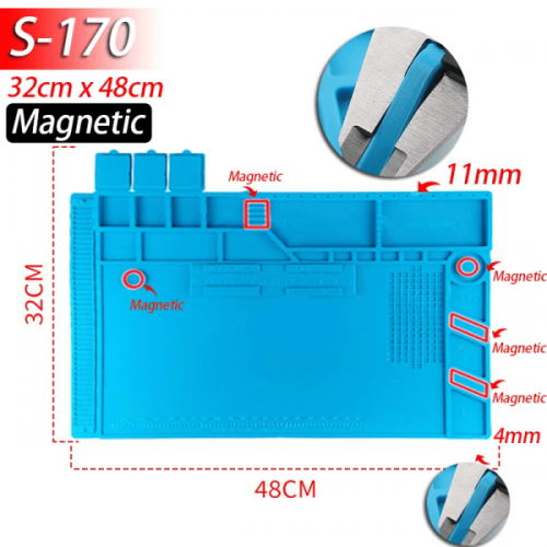 S-170 48x32cm Magnetic Silicone Soldering Mat Anti-Static ESD Heat Resistant Mat 500℃ Magnetic Electronics Repair Mat For Phone Laptop Watch Repair Magnetic Screw Pad
