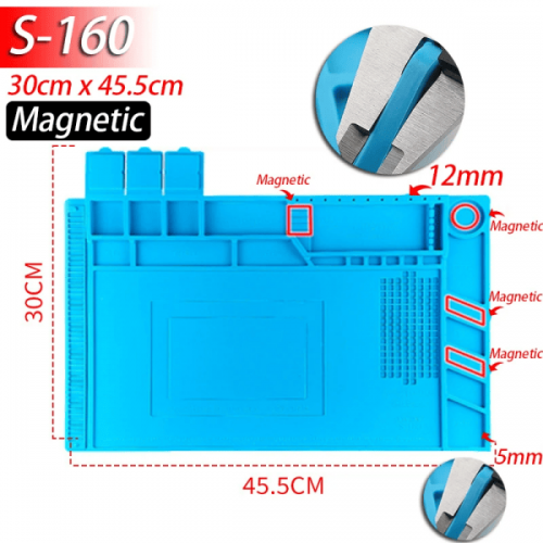S-160 45.5x30cm Magnetic Silicone Soldering Mat Anti-Static ESD Heat Resistant Mat 500℃ Magnetic Electronics Repair Mat For Phone Laptop Watch Repair Magnetic Screw Pad