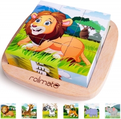 Rolimate Wooden Block Puzzle Cube Puzzle 6 in 1 Pegged Puzzle Educational Preschool Montessori Jigsaw Puzzle- Lion Zebra Elephant Rhinoceros Tiger Giraffe, Gifts for 3 4 5+ Years Boy Girl Toddler Kids