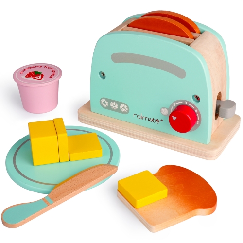 rolimate Wooden Toaster Toy Kitchen Sets Early Educational Developmental Montessori Toy Encourages Imaginative Play Kitchen Role Play Fun Best Birthday Gift for 2 3 4+ Years Old Boy Girl (12 Pcs)