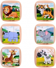 Rolimate Wooden Block Puzzle Cube Puzzle 6 in 1 Pegged Puzzle Educational Preschool Montessori Jigsaw Puzzle- Lion Zebra Elephant Rhinoceros Tiger Giraffe, Gifts for 3 4 5+ Years Boy Girl Toddler Kids