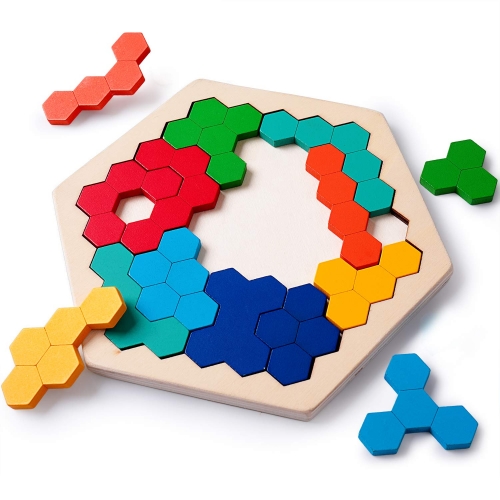 rolimate Wooden Hexagon Puzzle Toy for Kid Adults - Tangram Shape Block Brain Teaser Toy Colorful Geometry Logic IQ Game Montessori Educational Toy Gift for All Ages Improve Intelligence Creativity