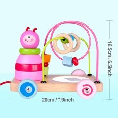 rolimate 4 in 1 Wooden Educational Toy Best Birthday for 2 3 4 5 Years Old Boy Girl First Beads Maze + Pull & Push Toy Cars+ Sorting & Stacking Baby Toys + Mirror Developmental Toys for Babies