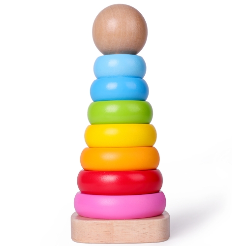 Wooden Ring Stacking Toy for Kids Best Birthday Christmas Gifts for 1 2 3 4 Year Old Boy Girl Toddler Toys Rainbow Tower Wooden Stacking Toy Rainbow Stacker for Baby and Toddlers 18M +(8x3 INCH)