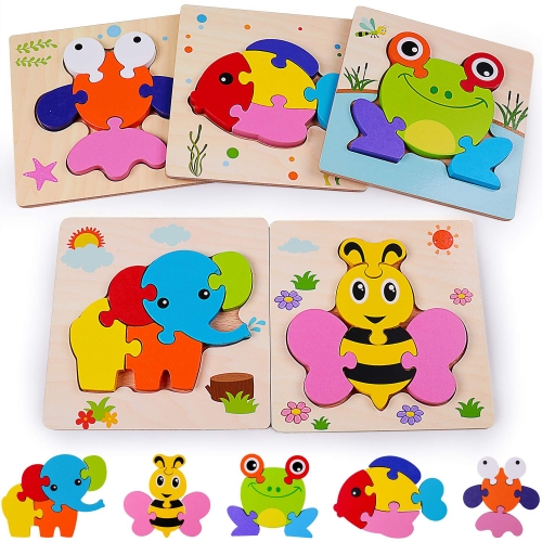 Rolimate Wooden Jigsaw Puzzles for 2 3 4+ Years Old Boys Girls Toddlers, Early Educational Preschool Montessori Toys 5 Animals Pack for Birthday Gift, Learnig Toy Fine Motor Color Shape Recognition