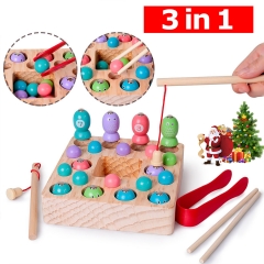 Rolimate Fishing Game Wooden Magnet Fishing Toy Montessori Developmental Preschool Toy Color Recognition, 10 Fishes Beads Fishing Pole Clamp Chopsticks, Birthday Gift for 3 4 5+ Years Boy Girl Toddler
