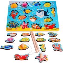rolimate Magnetic Fishing Game Wooden Fishing Toy Best Gift for 3 4 5+ Years Boy Girl Toddler Kids, 2 Fishing Rods 14pcs Montessori Preschool Learning Toy Wooden Puzzles Educational Developmental Toy