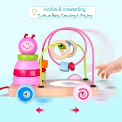 rolimate 4 in 1 Wooden Educational Toy Best Birthday for 2 3 4 5 Years Old Boy Girl First Beads Maze + Pull & Push Toy Cars+ Sorting & Stacking Baby Toys + Mirror Developmental Toys for Babies