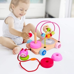 rolimate 4 in 1 Wooden Educational Toy Best Birthday for 2 3 4 5 Years Old Boy Girl First Beads Maze + Pull & Push Toy Cars+ Sorting & Stacking Baby Toys + Mirror Developmental Toys for Babies