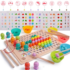 rolimate Wooden Magnetic Fishing Game Clip Beads Puzzle Board Game Christmas New Year Gift for 3 4 5 Year Old Boy Girl Montessori Toys for Kids Educational Toys Matching Game Fishing Memory Toy
