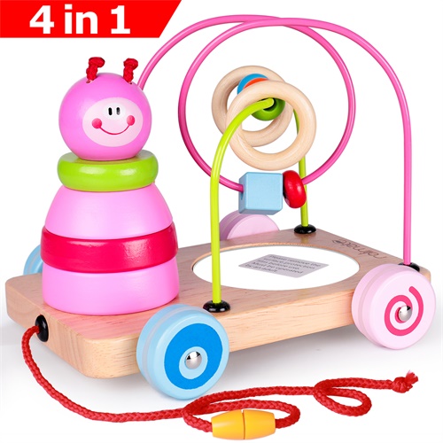 rolimate 4 in 1 Wooden Educational Toy Best Birthday for 2 3 4 5 Years Old Boy Girl First Beads Maze + Pull & Push Toy Cars+ Sorting & Stacking Baby Toys + Mirror Developmental Toys for Babies