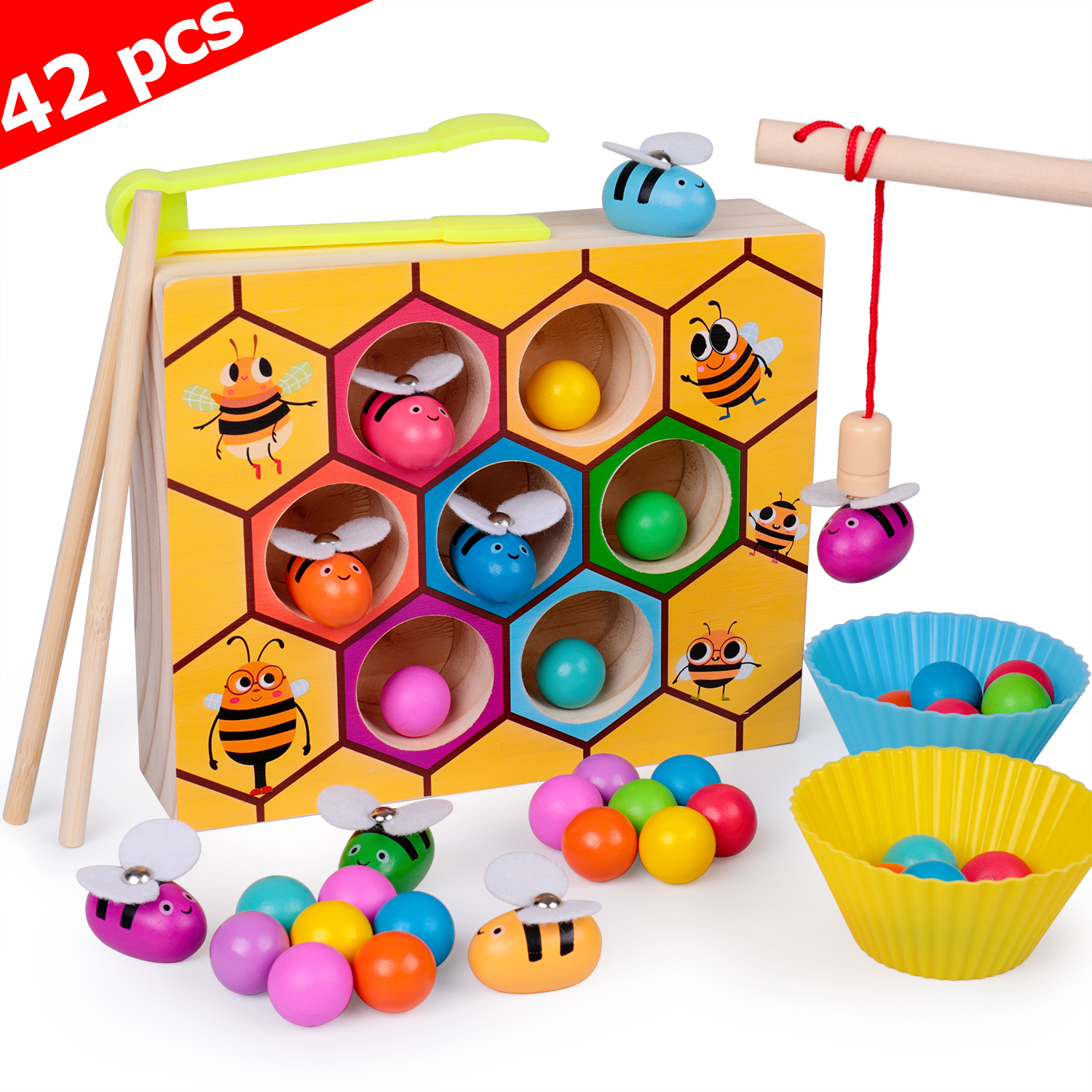 Montessori Wooden Color Sorting Puzzle Early Learning Preschool Educational Kids Toys for 2 3 4 Years Old Boys and Girls Gift Toddler Fine Motor Skill Toy Clamp Bee to Hive Matching Game 