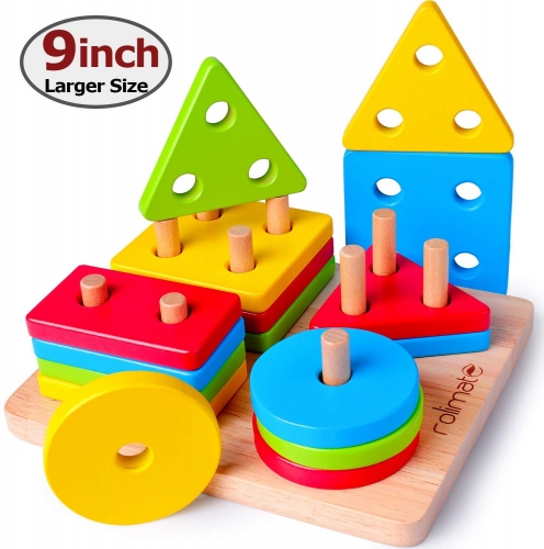 rolimate Toddler Toys for 1 2 3 4 Year Old Boys Girls Wooden Educational Toys Shape Color Geometric Board Block Sorting & Stacking Parent-Child Interaction Preschool Toys