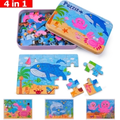 rolimate 4 in 1 Jigsaw Puzzles for Kids 56-Piece Puzzles Best Gift for 3 4 5 Year Old Boys and Girls-Crab Octopus Whale Dolphin Preschool Puzzles for Toddler with Metal Puzzle Box