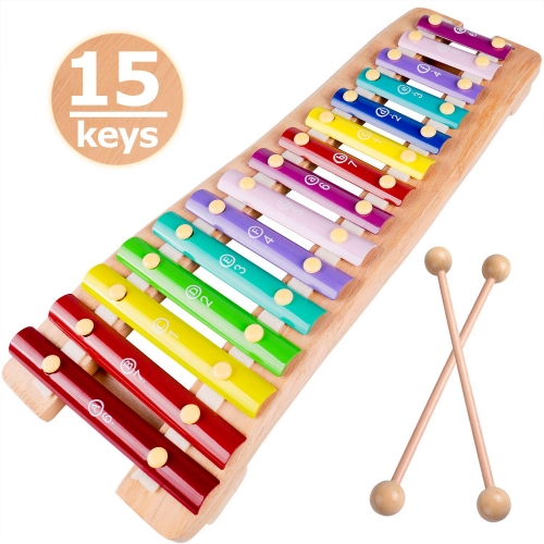 Xylophone 15 Keys Wooden Xylophone for Kids Glockenspiel Xylophone Toy Musical Instruments Preschool Learning Montesssori Toy, Child Safe Mallets, 1 2 3+ Years boy girl toddler Birthday Holiday Gift