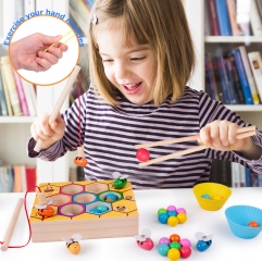 rolimate Toddler Fine Motor Skill Toy Magnet Game, Montessori Educational Wooden Toy, Clamp Bee & Beads to Hive Matching Game, Color Recognition Preschool Learning Toy, Gift for 3 4 5+ Years Boy Girl