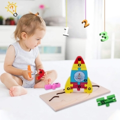 Rolimate Wooden Jigsaw Puzzle Building Blocks Animal Wooden Puzzle, Learning Educational Toys Wooden Numbers Block Toys for 3 4 5+ Years Boys Girls - Rocket